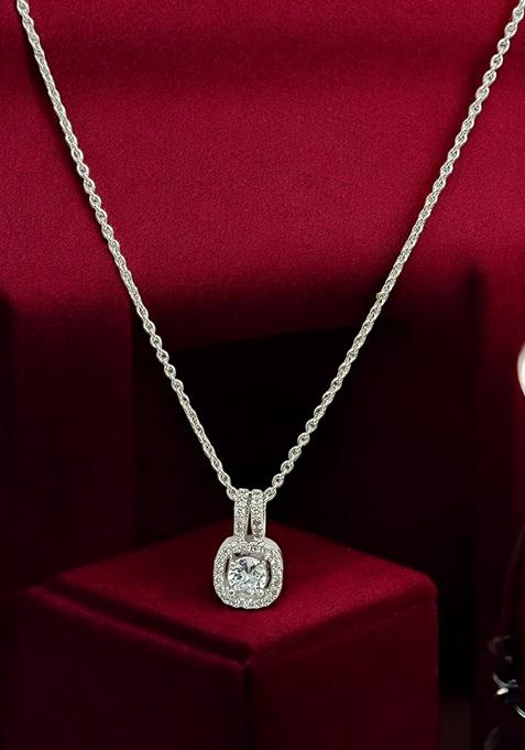 Silver Plated American Diamond Solitaire Pendant Chain