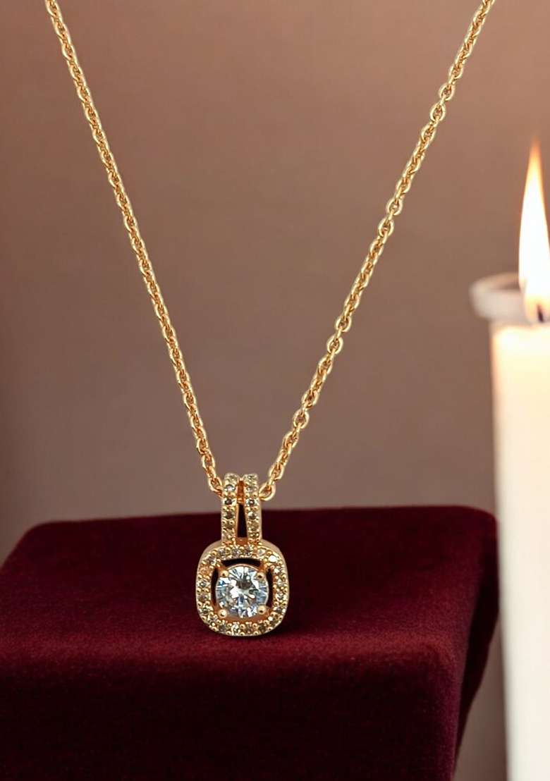 Rose Gold American Diamond Solitaire Pendant Chain - Indya
