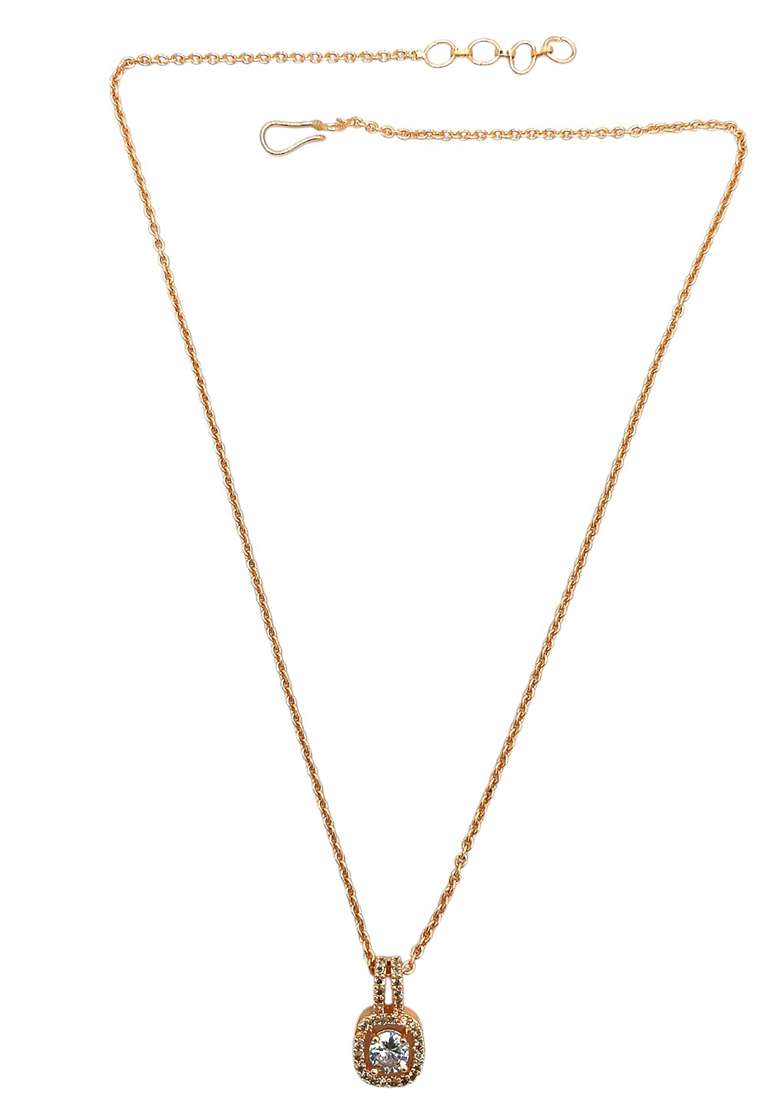 Rose Gold American Diamond Solitaire Pendant Chain - Indya