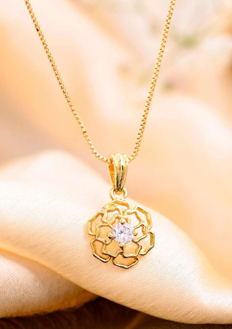 Gold Plated Flower Shaped Ad Studded Pandent With Chain - Indya