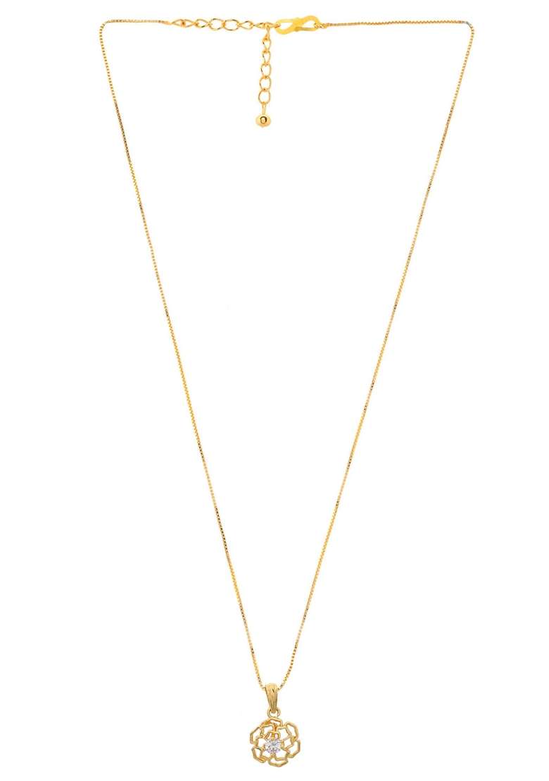 Gold Plated Flower Shaped Ad Studded Pandent With Chain - Indya