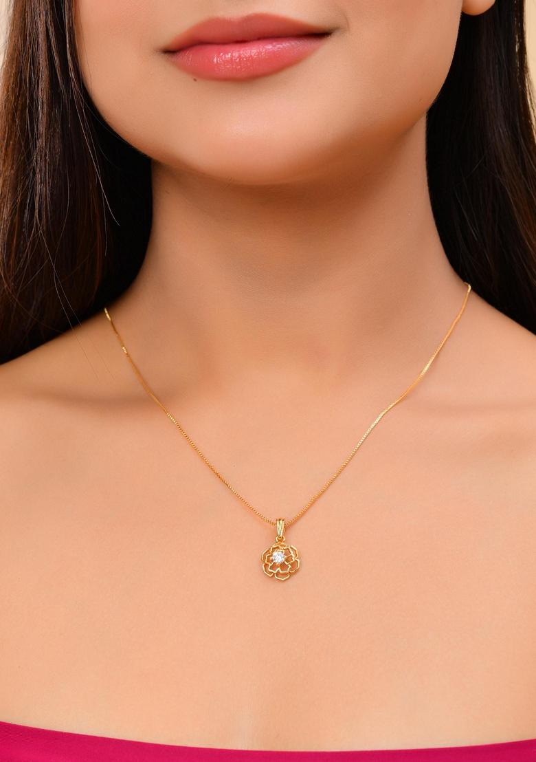 Gold Plated Flower Shaped Ad Studded Pandent With Chain