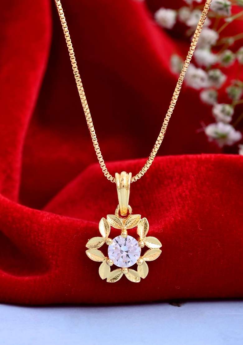 Gold Plated Flower Shaped Ad Studded Pandent With Chain - Indya