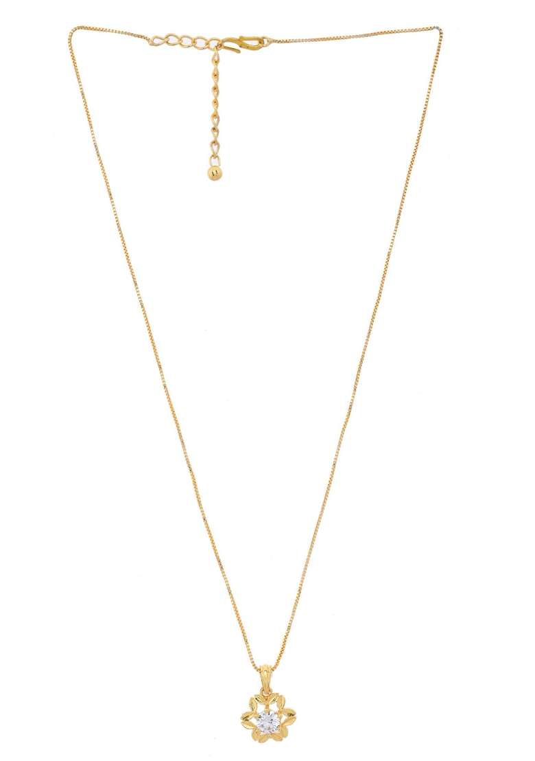 Gold Plated Flower Shaped Ad Studded Pandent With Chain - Indya