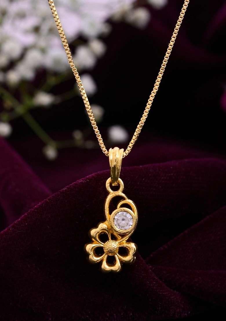 Gold Plated Flower Shaped Ad Studded Pandent With Chain - Indya