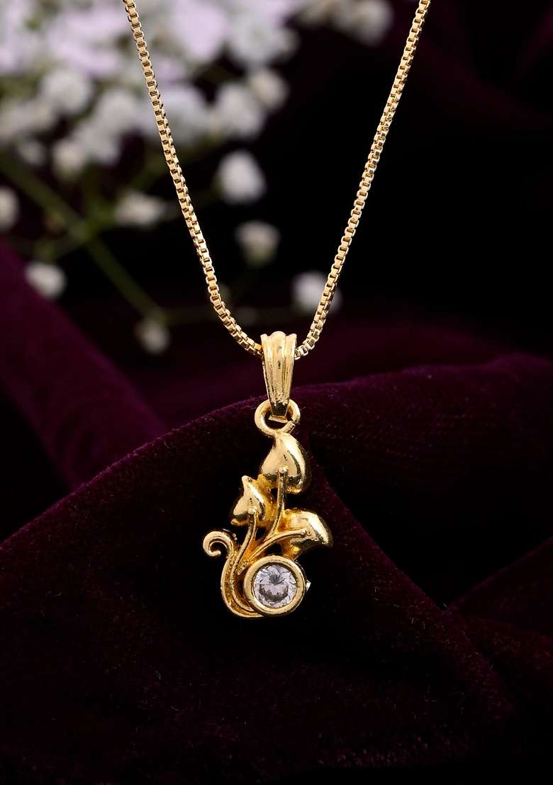 Gold Plated Plant Shaped Ad Studded Pandent With Chain - Indya