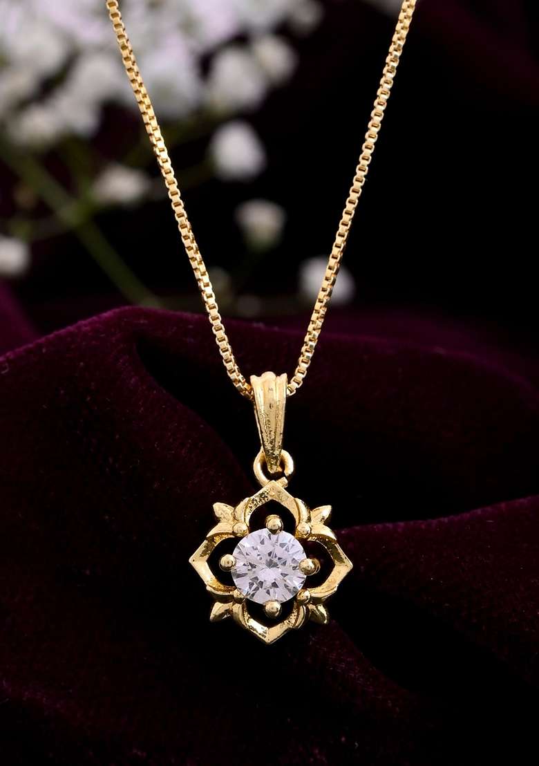 Gold Plated Flower Shaped Ad Studded Pandent With Chain - Indya