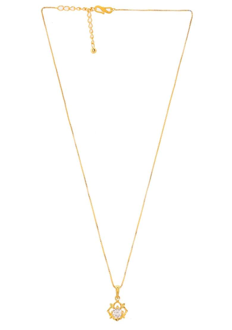 Gold Plated Flower Shaped Ad Studded Pandent With Chain - Indya