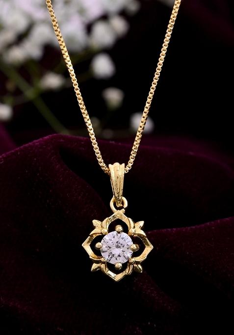 Gold Plated Flower Shaped Ad Studded Pandent With Chain