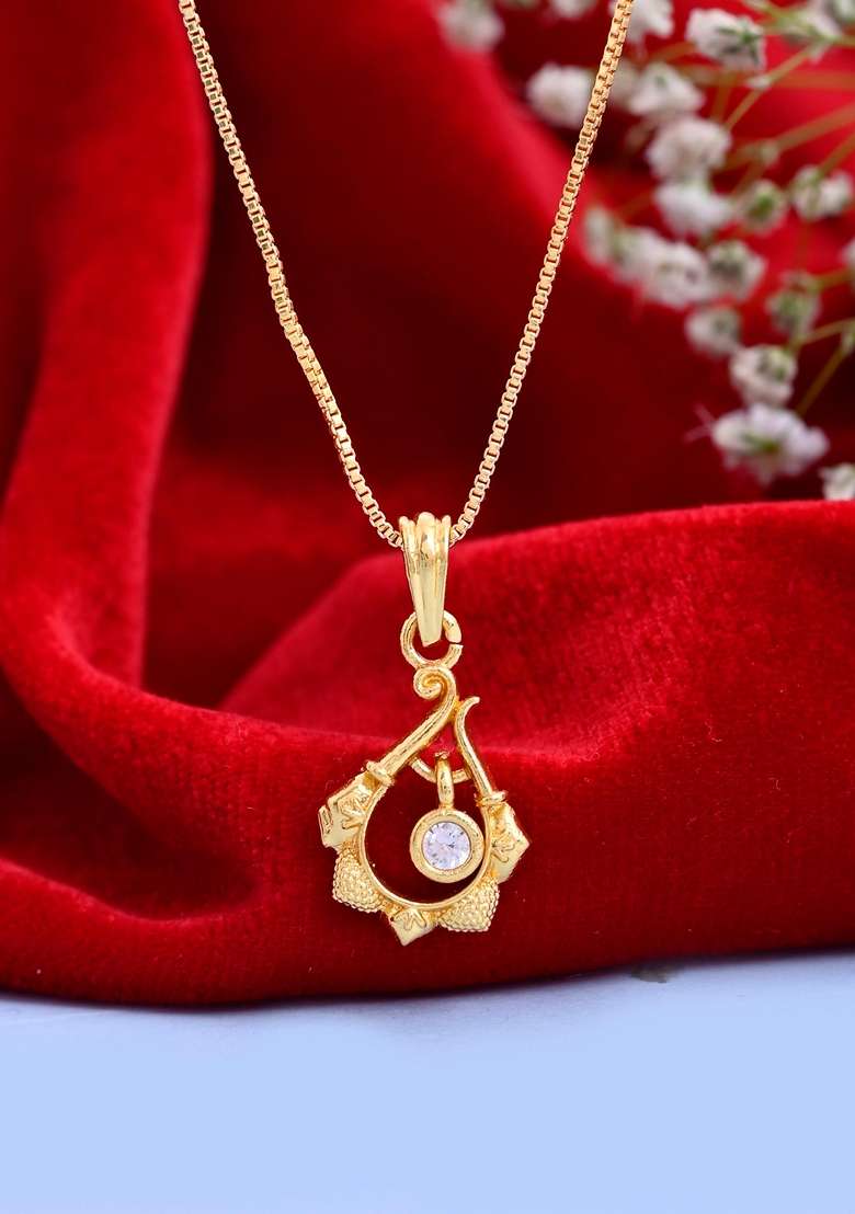 Gold Plated Flower Shaped Ad Studded Pandent With Chain - Indya