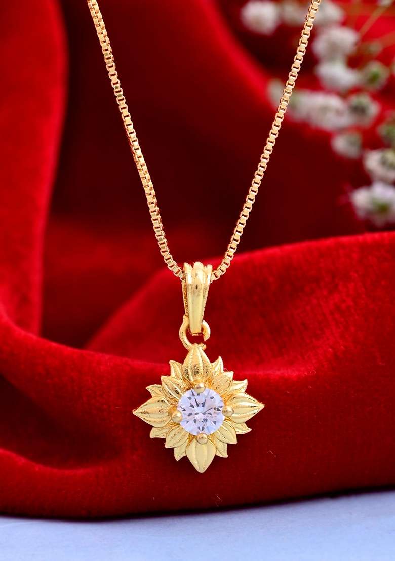 Gold Plated Flower Shaped Ad Studded Pandent With Chain - Indya