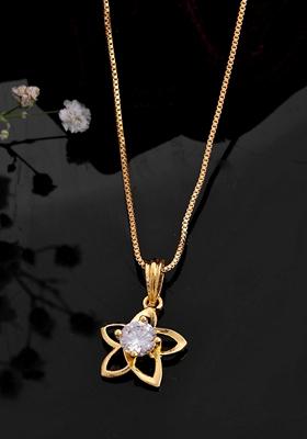 Gold Plated Flower Shaped Ad Studded Pandent With Chain