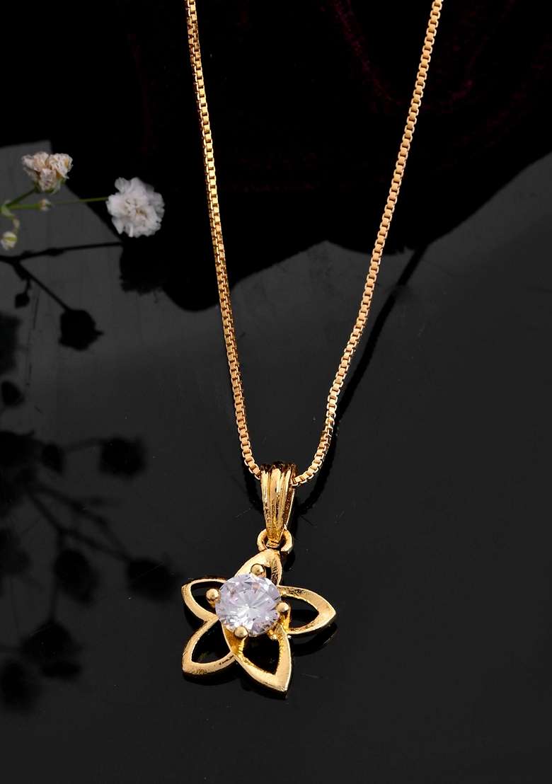 Gold Plated Flower Shaped Ad Studded Pandent With Chain - Indya