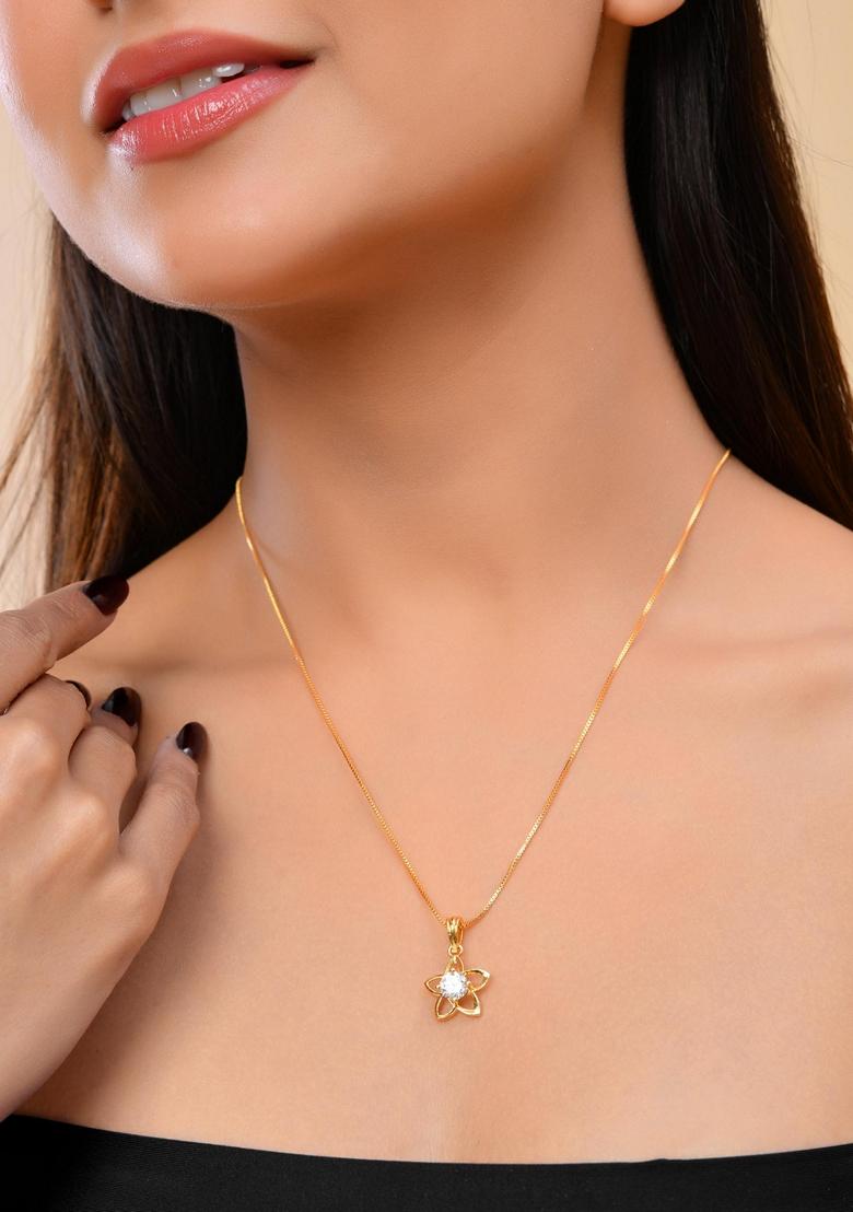 Gold Plated Flower Shaped Ad Studded Pandent With Chain