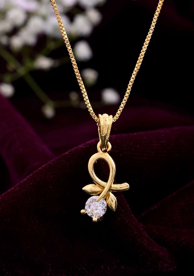 Gold Plated Flower Shaped Ad Studded Pandent With Chain - Indya