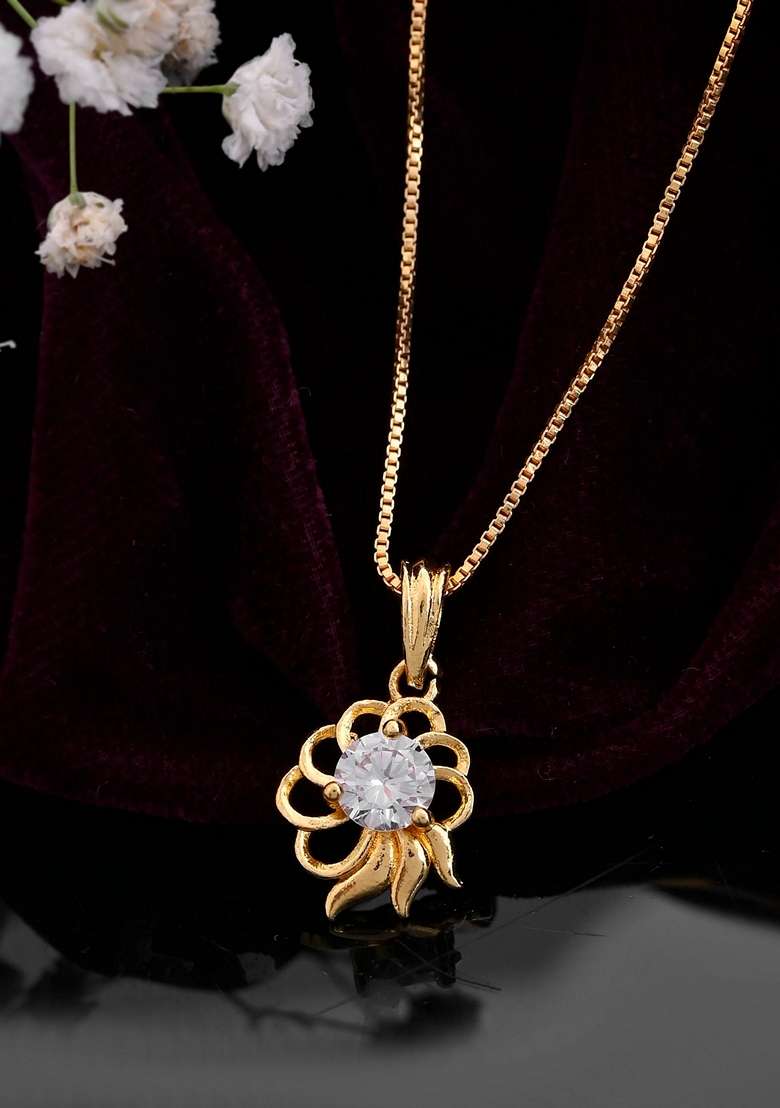 Gold Plated Flower Shaped Ad Studded Pandent With Chain - Indya