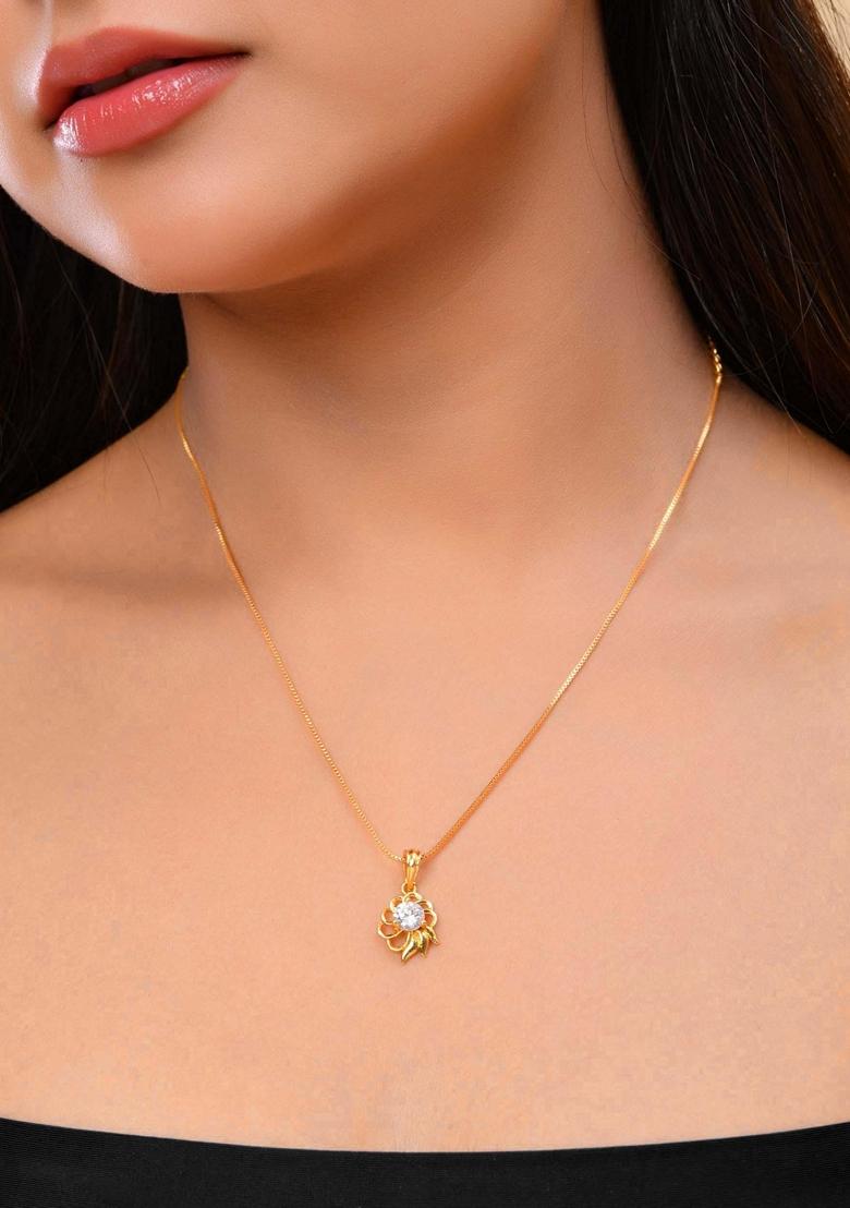 Gold Plated Flower Shaped Ad Studded Pandent With Chain