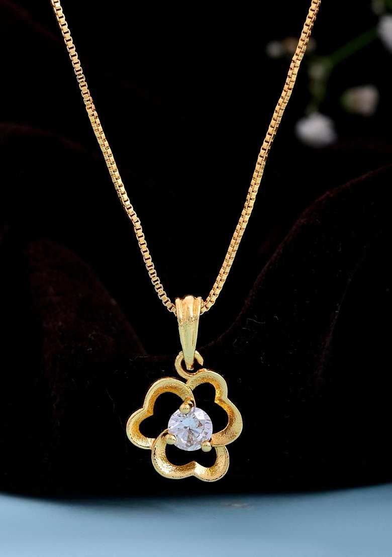 Gold Plated Flower Shaped Ad Studded Pandent With Chain - Indya
