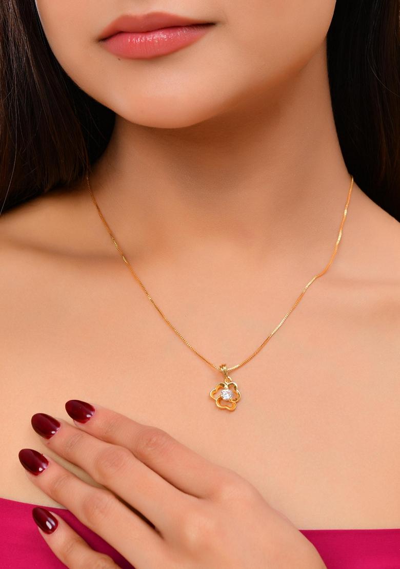 Gold Plated Flower Shaped Ad Studded Pandent With Chain