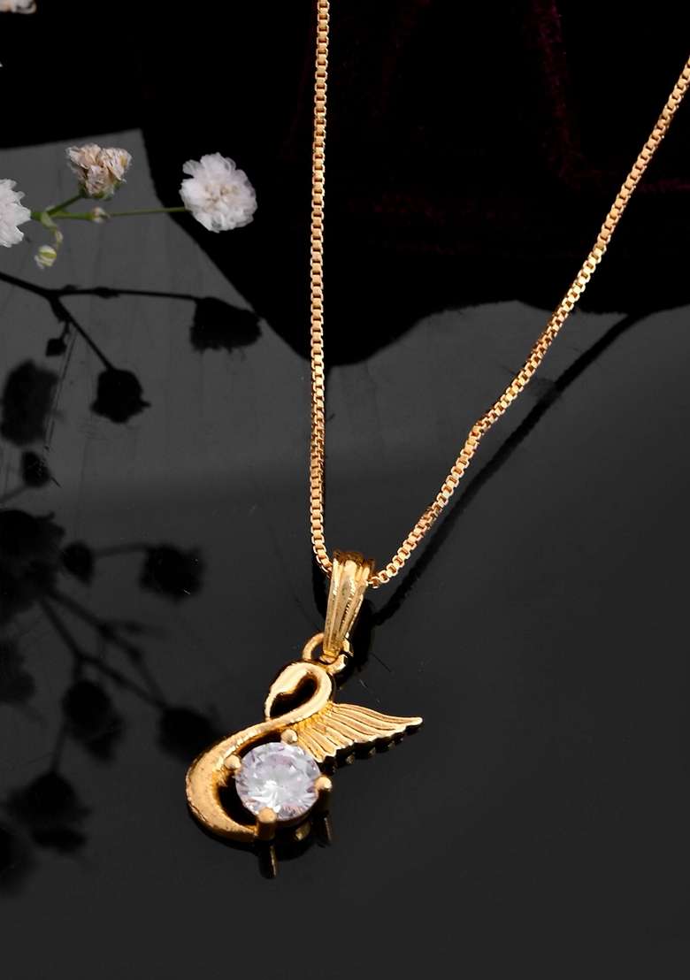 Gold Plated Flower Shaped Ad Studded Pandent With Chain - Indya