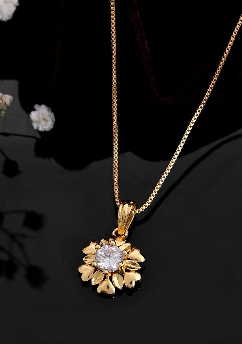 Gold Plated Apple Shaped Ad Studded Pandent With Chain - Indya
