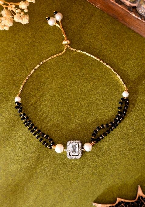 Silver Rectangle Shaped And Ad Stone Plated Mangalsutra Bracelet