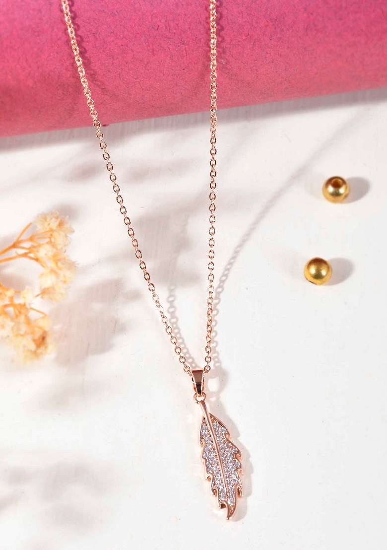 Rose Gold Rose Plated Chain With Ad Studded Leaf Shaped Pendent - Indya