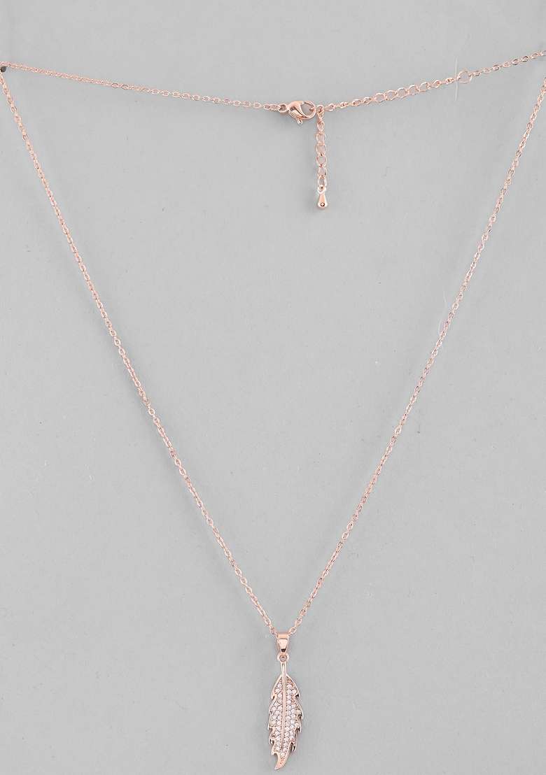 Rose Gold Rose Plated Chain With Ad Studded Leaf Shaped Pendent - Indya