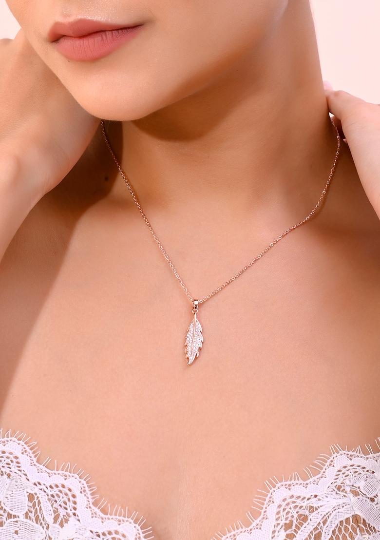 Rose Gold Rose Plated Chain With Ad Studded Leaf Shaped Pendent