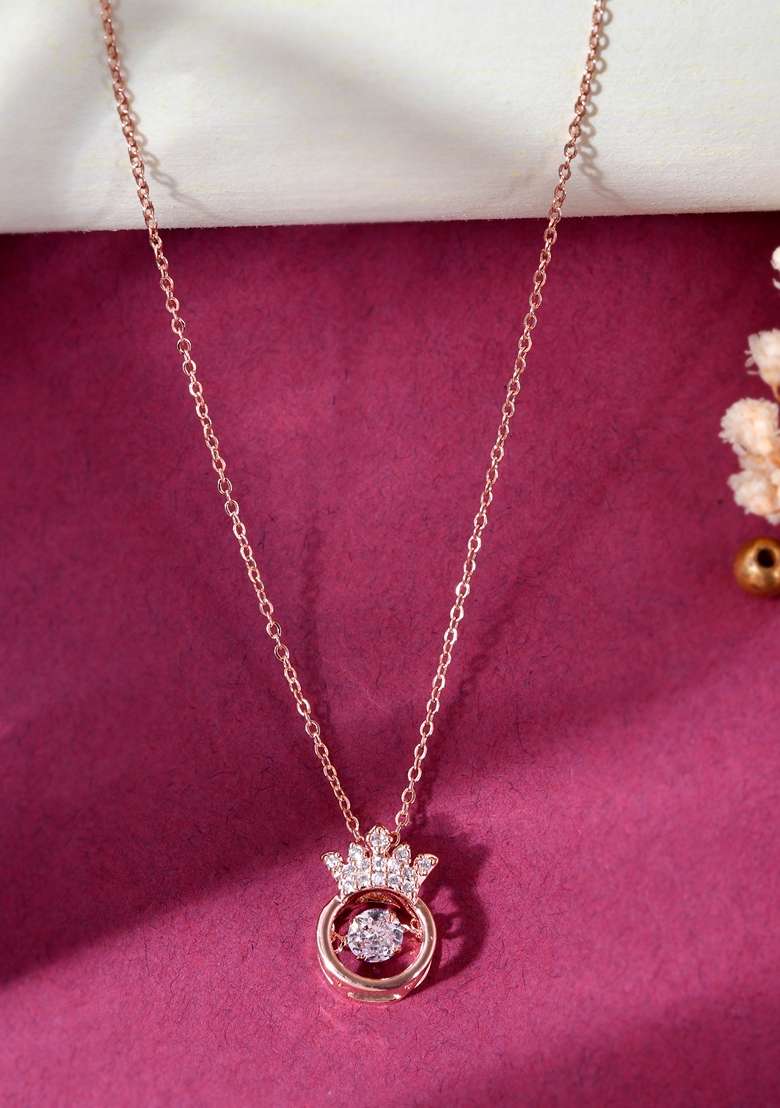 Rose Gold Rose Plated Chain With Ad Studded Crown Shaped Pendent - Indya