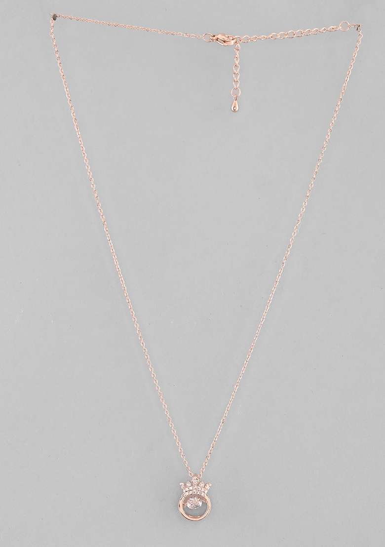 Rose Gold Rose Plated Chain With Ad Studded Crown Shaped Pendent - Indya