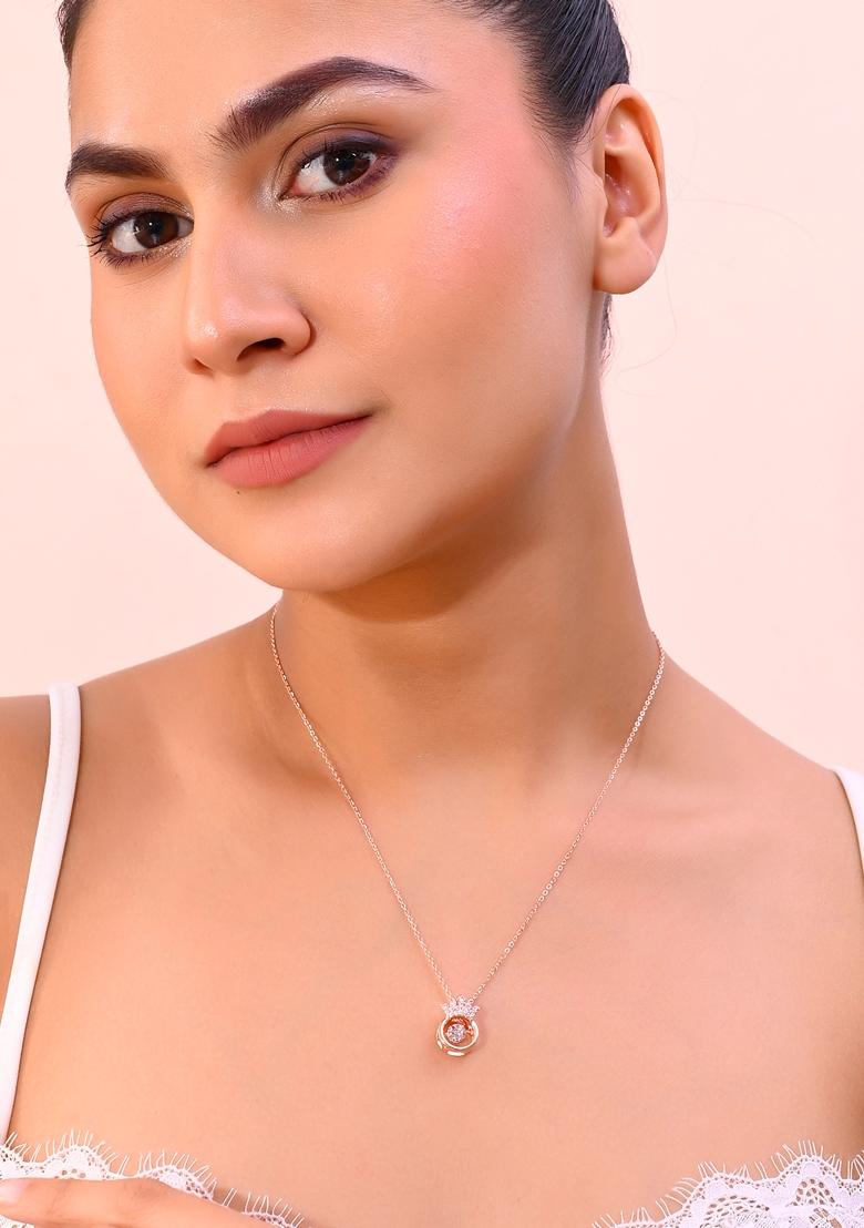 Rose Gold Rose Plated Chain With Ad Studded Crown Shaped Pendent