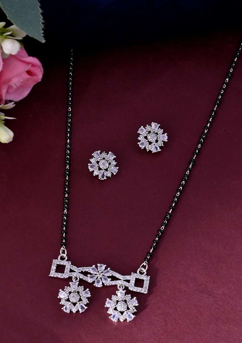 Silver Plated Ad Stone Studded Designer Mangalsutra Set - Indya