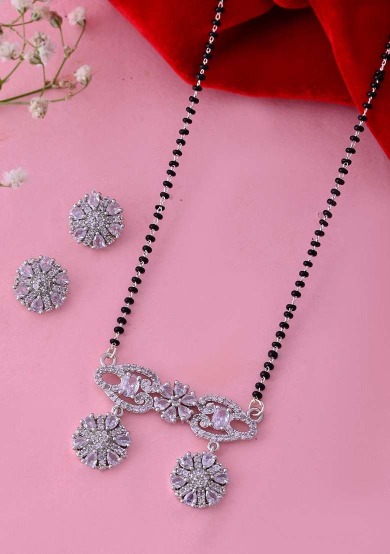 Silver Plated Ad Stone Studded Designer Mangalsutra Set - Indya