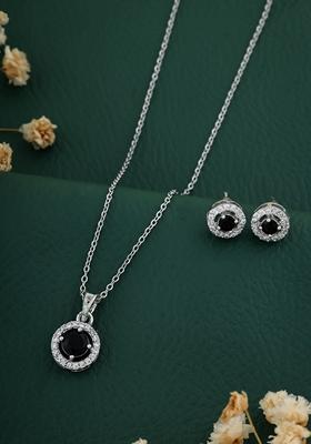 Silver Plated Black Stone Studed Chain Pendent With Earrings