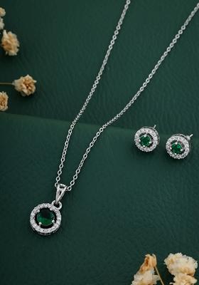 Silver Plated Green Stone Studed Chain Pendent With Earrings