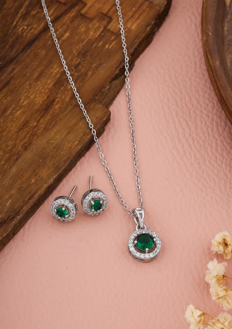 Silver Plated Green Stone Studed Chain Pendent With Earrings