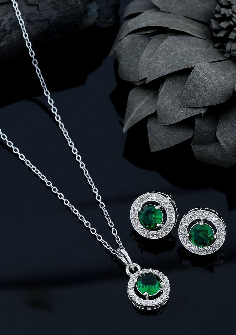 Silver Plated Green Stone Studed Chain Pendent With Earrings