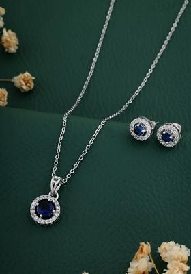 Silver Plated Navy Blue Stone Studed Chain Pendent With Earrings