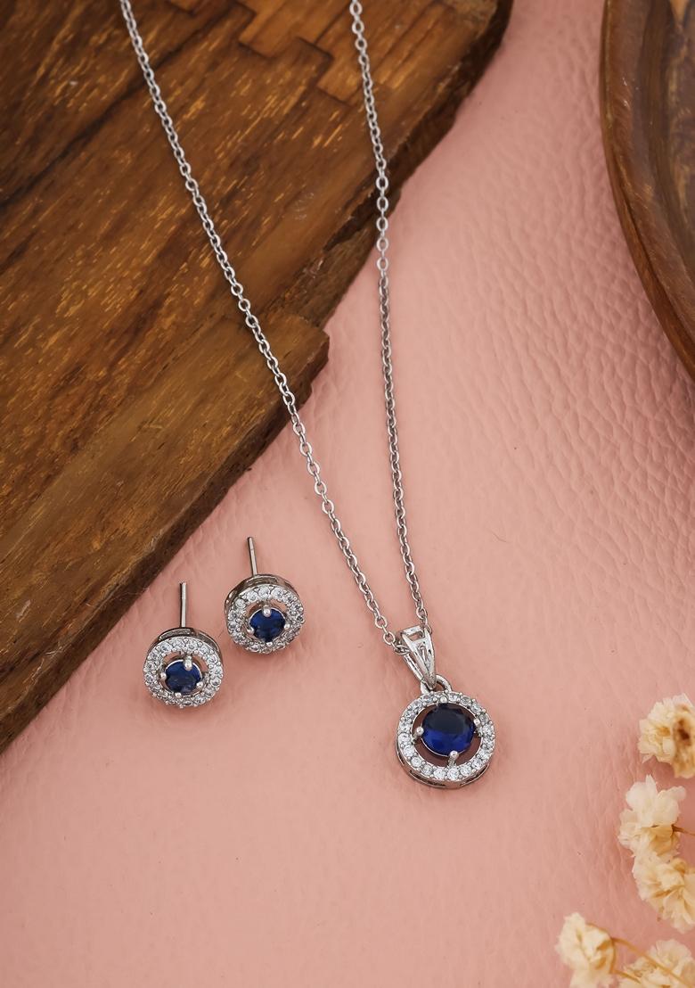 Silver Plated Navy Blue Stone Studed Chain Pendent With Earrings