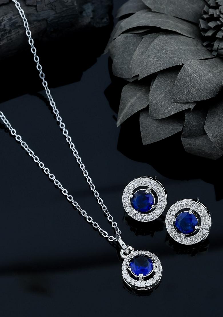 Silver Plated Navy Blue Stone Studed Chain Pendent With Earrings