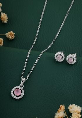 Silver Plated Pink Stone Studed Chain Pendent With Earrings