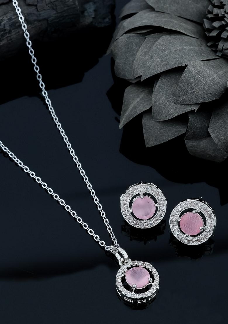Silver Plated Pink Stone Studed Chain Pendent With Earrings