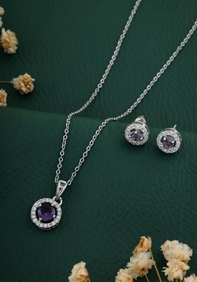 Silver Plated Purple Stone Studed Chain Pendent With Earrings