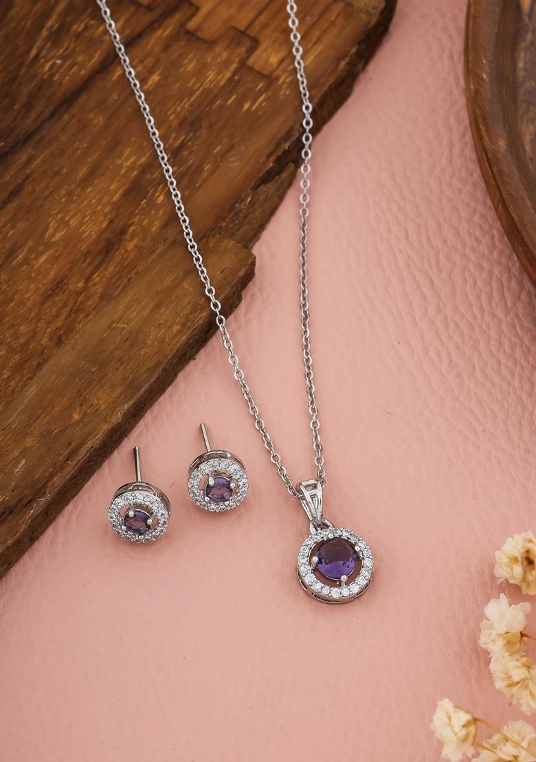 Silver Plated Purple Stone Studed Chain Pendent With Earrings
