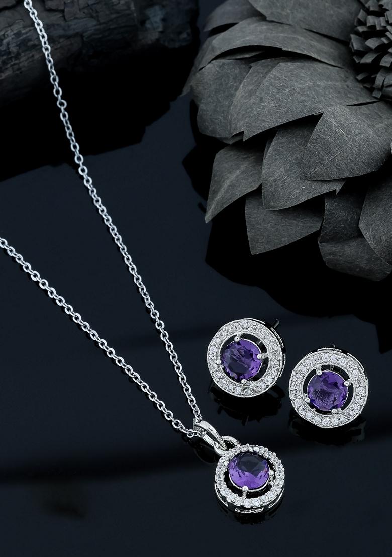 Silver Plated Purple Stone Studed Chain Pendent With Earrings