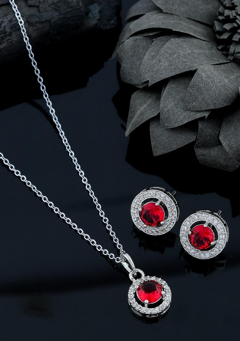 Silver Plated Red Stone Studed Chain Pendent With Earrings