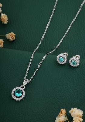 Silver Plated Sky Blue Stone Studed Chain Pendent With Earrings
