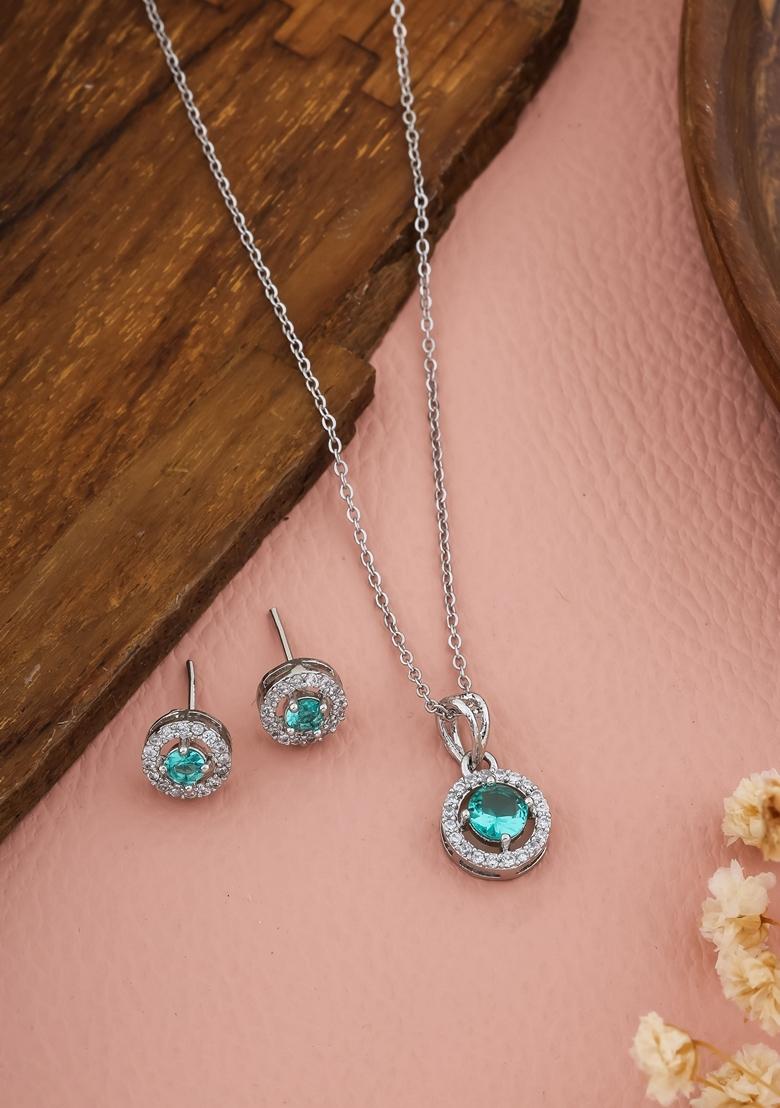 Silver Plated Sky Blue Stone Studed Chain Pendent With Earrings
