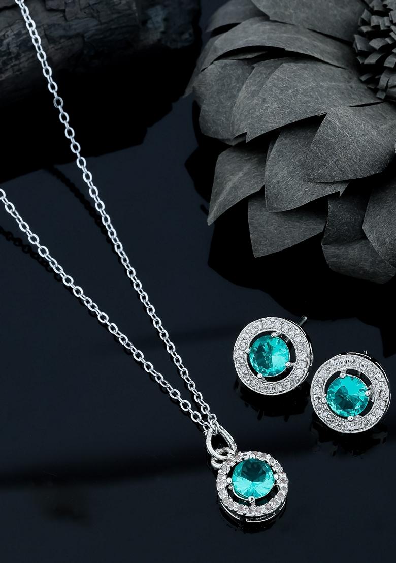 Silver Plated Sky Blue Stone Studed Chain Pendent With Earrings
